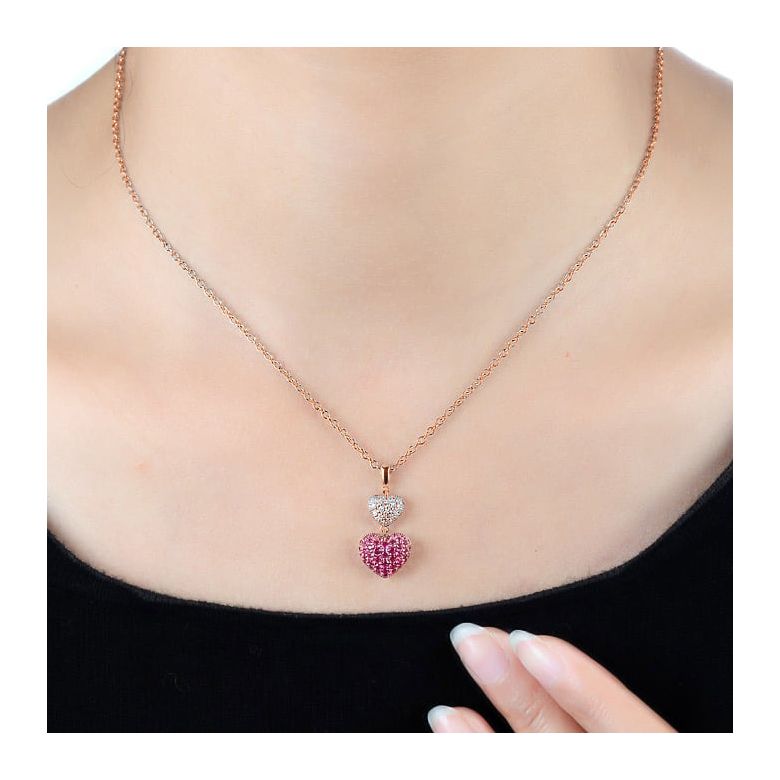 Pendentif double coeur rubis et diamants sertis grains - Or rose - 2