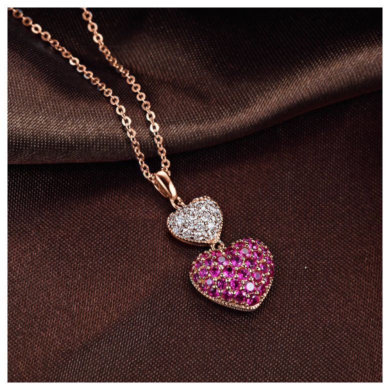 Pendentif double coeur rubis et diamants sertis grains - Or rose - 3