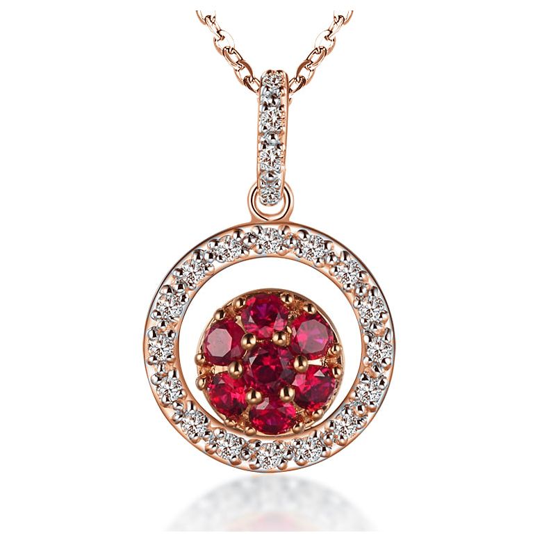 Pendentif rond en or rose - Rubis et diamants en pendeloque double - 1