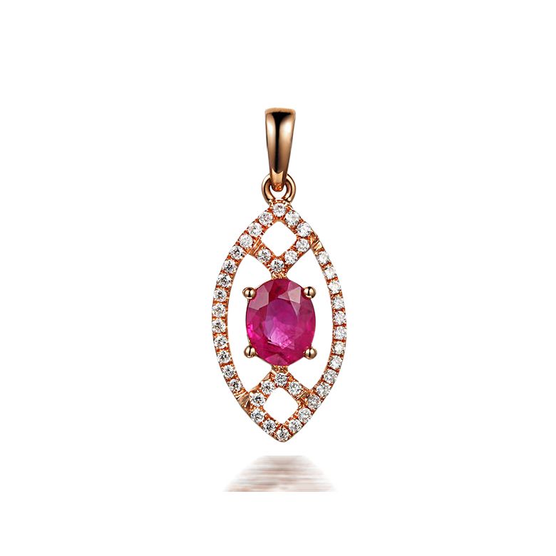 Pendentif ovalesque rubis or rose. Sertissage diamants  - 1