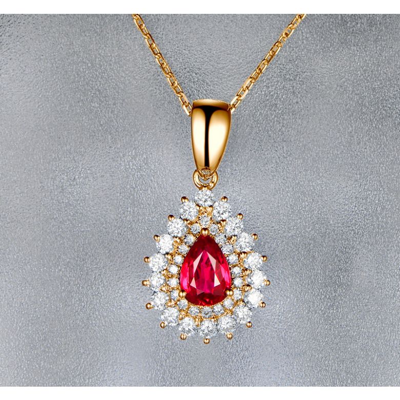 Pendentif rubis rouge vif taillé poire. Diamants sertis et Or rose - 6