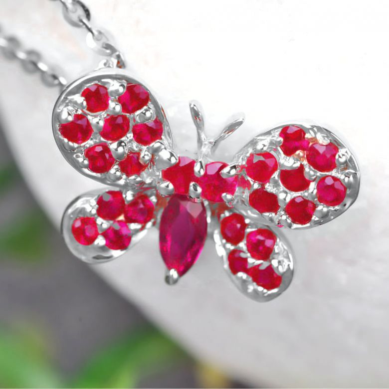 Pendentif papillon or blanc - Rubis de Birmanie - 3