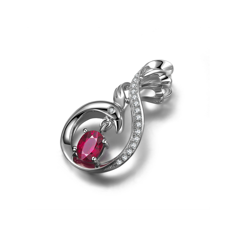 Pendentif cygne or blanc - Rubis et diamants en pendeloque - 1
