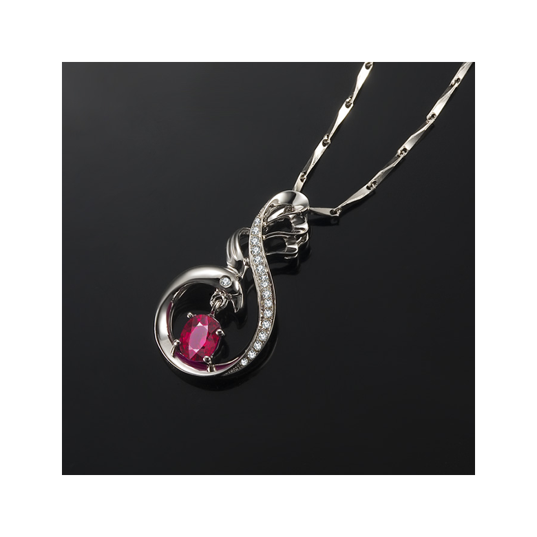 Pendentif cygne or blanc - Rubis et diamants en pendeloque - 3