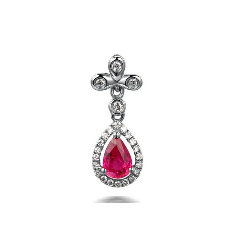 Pendentif croix latine or blanc - Rubis et diamants en pendeloque - 1
