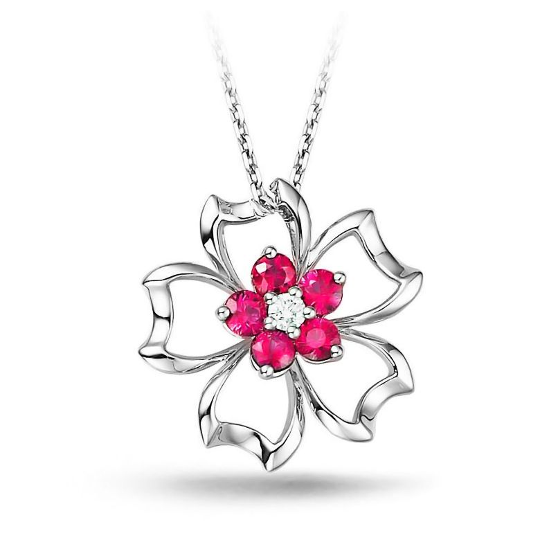 Pendentif fleur 5 feuilles - Or blanc 18 carats - Rubis 0.30 ct - 1