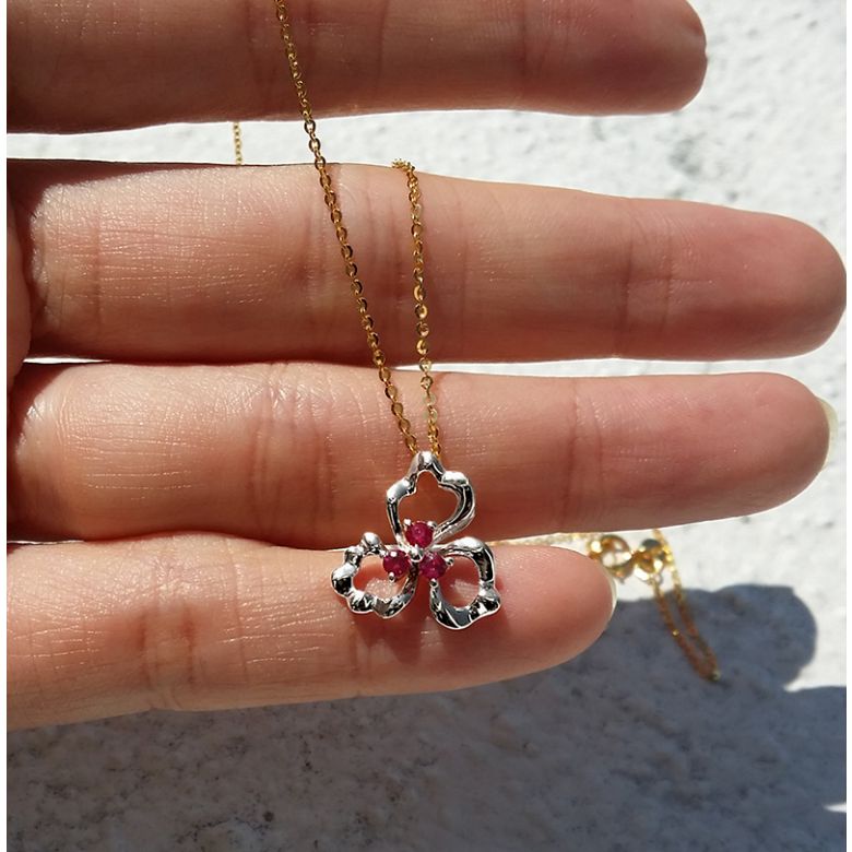 Pendentif fleur à 3 Pétales. Or blanc 18 carats. Rubis - 3