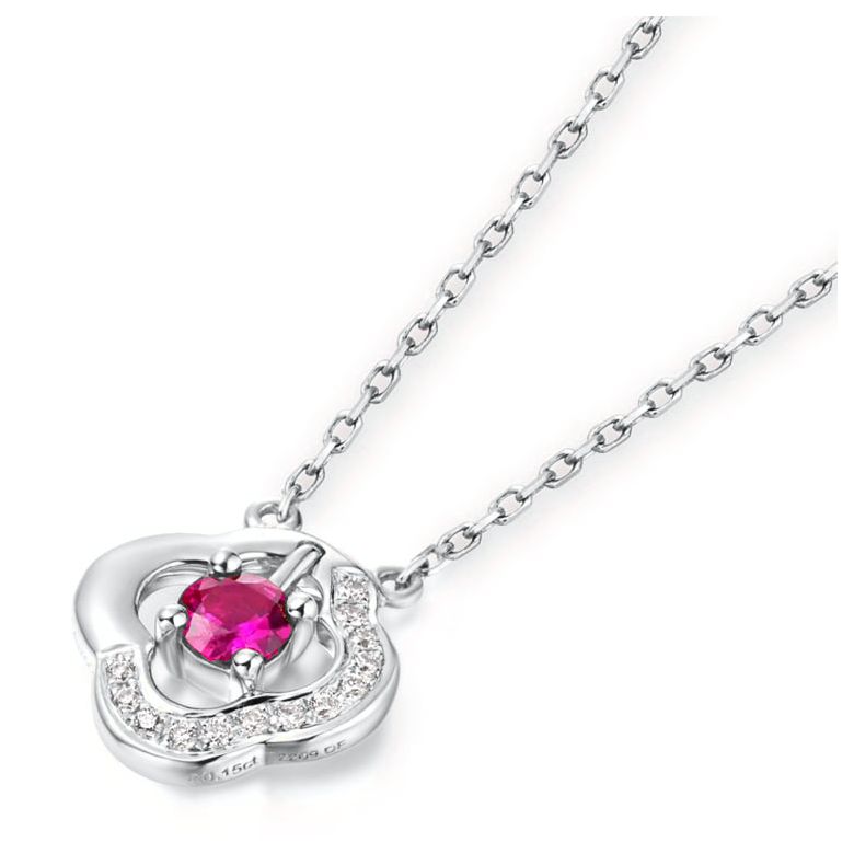 Pendentif fleur Or blanc -  Rubis et Diamants en pendeloque - 3