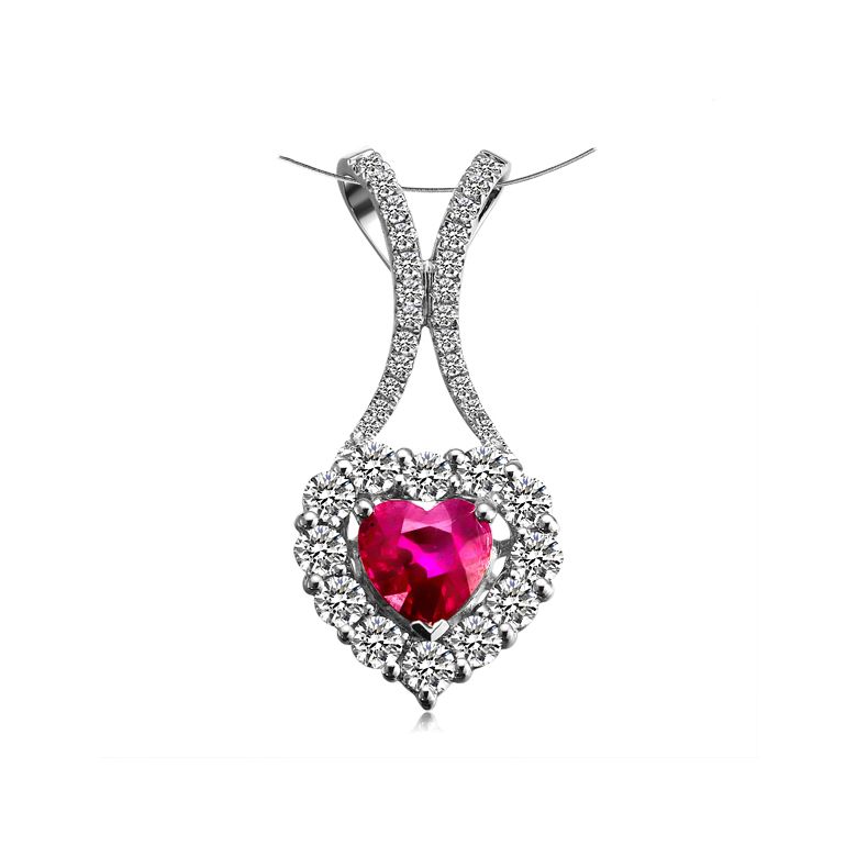 Pendentif coeur or blanc - Rubis et diamants en pendeloque - 1