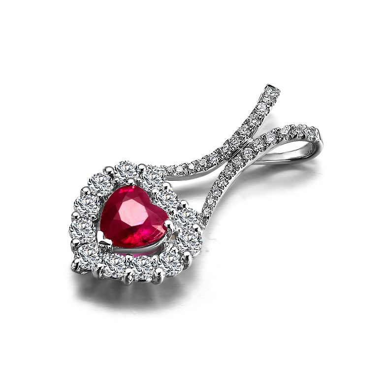 Pendentif coeur or blanc - Rubis et diamants en pendeloque - 5