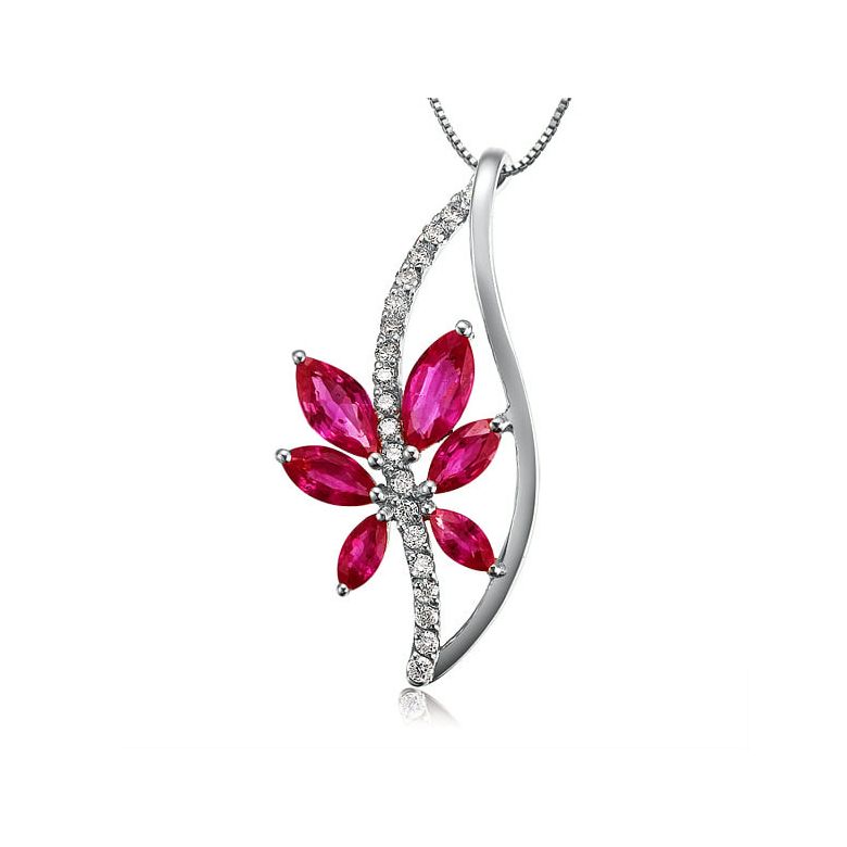 Fleur grimpante  - Pendentif rubis fleur grimpante - Or blanc 18cts - Tige diamantée - 1