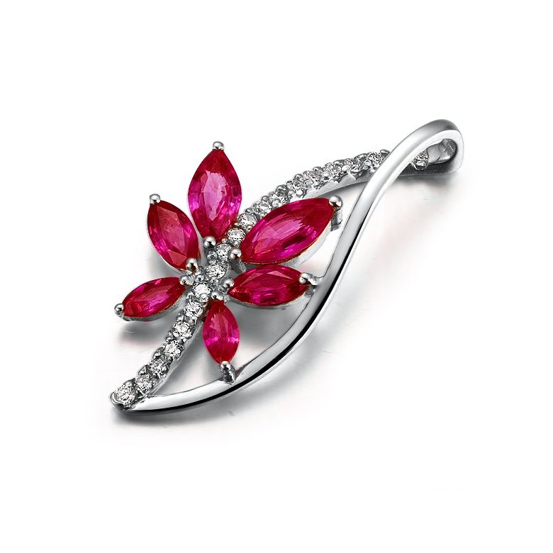 Fleur grimpante  - Pendentif rubis fleur grimpante - Or blanc 18cts - Tige diamantée - 2
