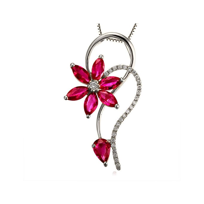 Pendentif Fleur en or blanc - Rubis et diamants sertis - 1