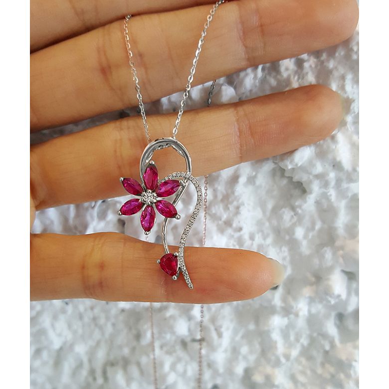 Pendentif Fleur en or blanc - Rubis et diamants sertis - 2