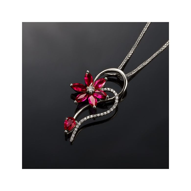 Pendentif Fleur en or blanc - Rubis et diamants sertis - 3