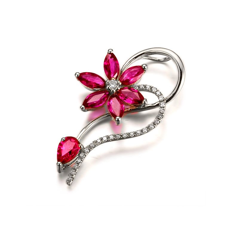 Pendentif Fleur en or blanc - Rubis et diamants sertis - 4