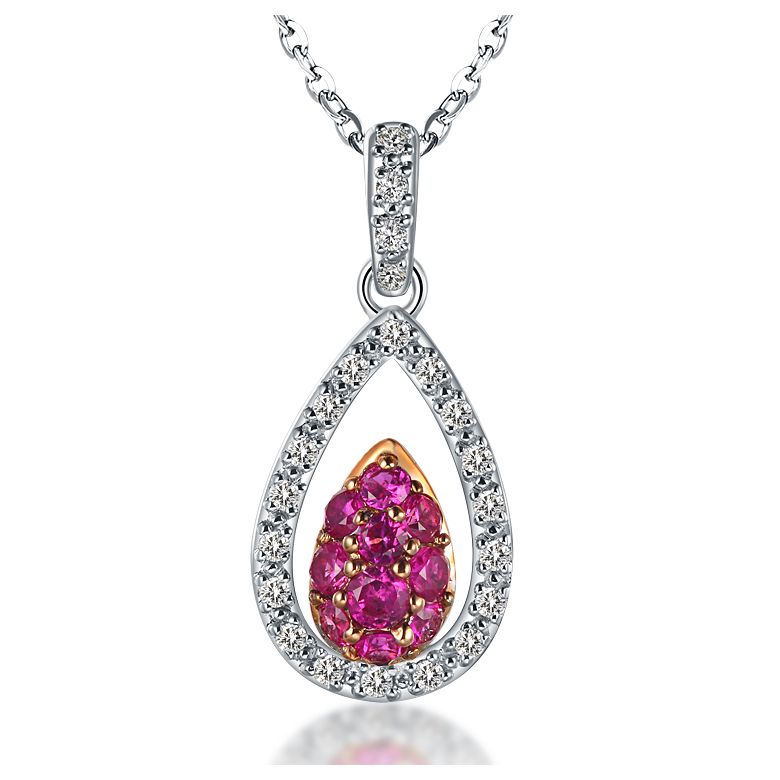 Pendentif pétale or blanc - 2 pétales superposées - Rubis et diamants en pendeloque - 1
