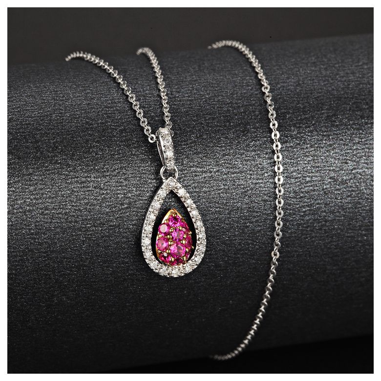 Pendentif pétale or blanc - 2 pétales superposées - Rubis et diamants en pendeloque - 7