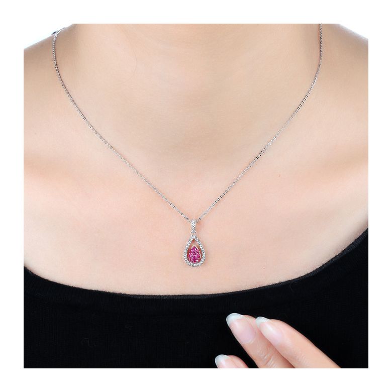 Pendentif pétale or blanc - 2 pétales superposées - Rubis et diamants en pendeloque - 4