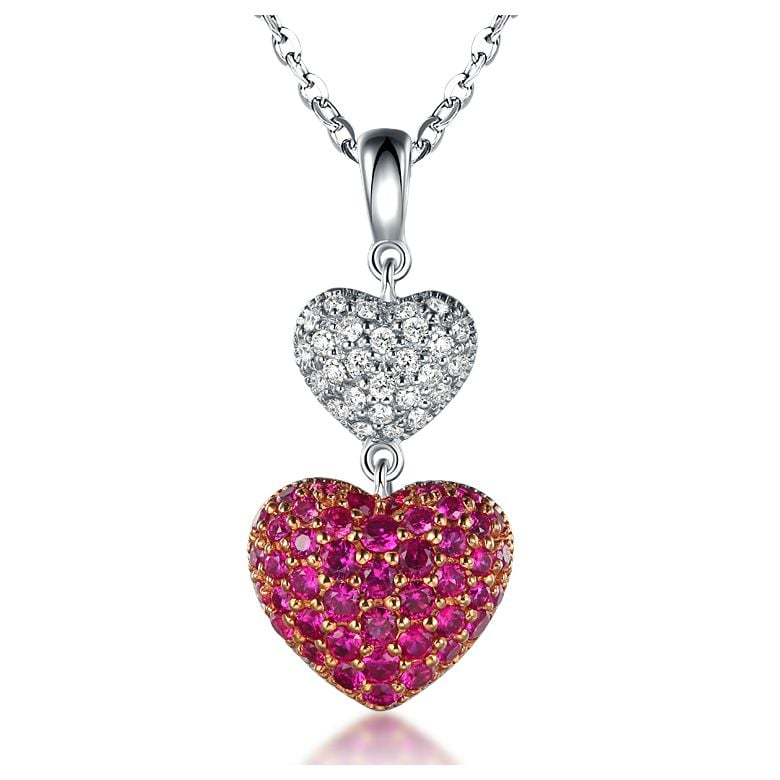 Pendentif double coeur rubis et diamants sertis grains - Or blanc - 1