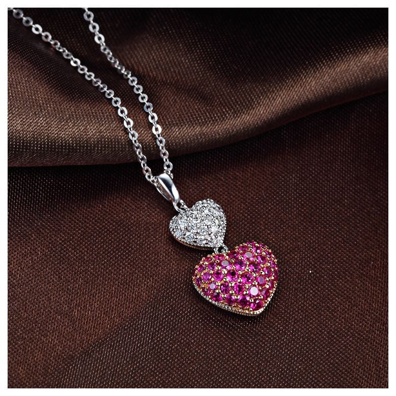 Pendentif double coeur rubis et diamants sertis grains - Or blanc - 3