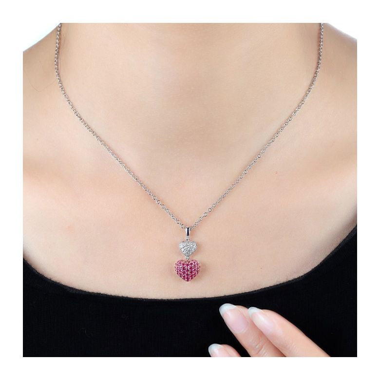 Pendentif double coeur rubis et diamants sertis grains - Or blanc - 2