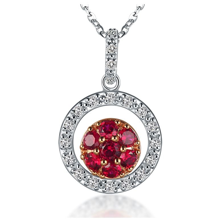 Pendentif rond en or blanc - Rubis et diamants en pendeloque double - 1
