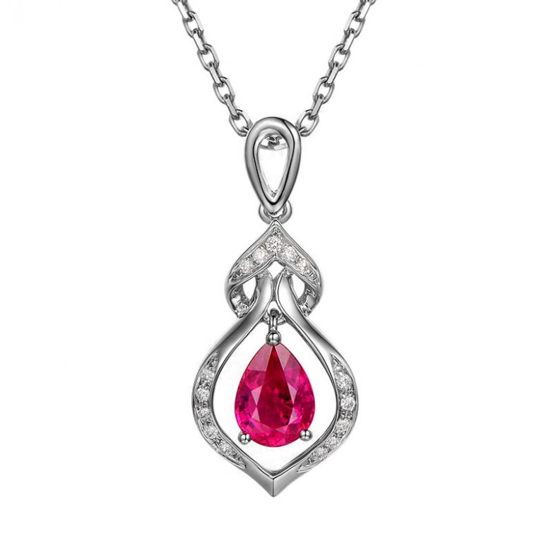 Pendentif rubis 1 carat forme poire. Or blanc 18cts, diamants  - 1