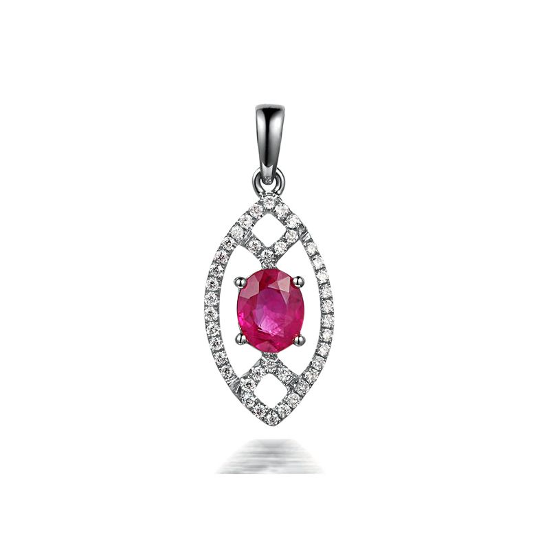 Pendentif ovalesque rubis or blanc. Sertissage diamants  - 1