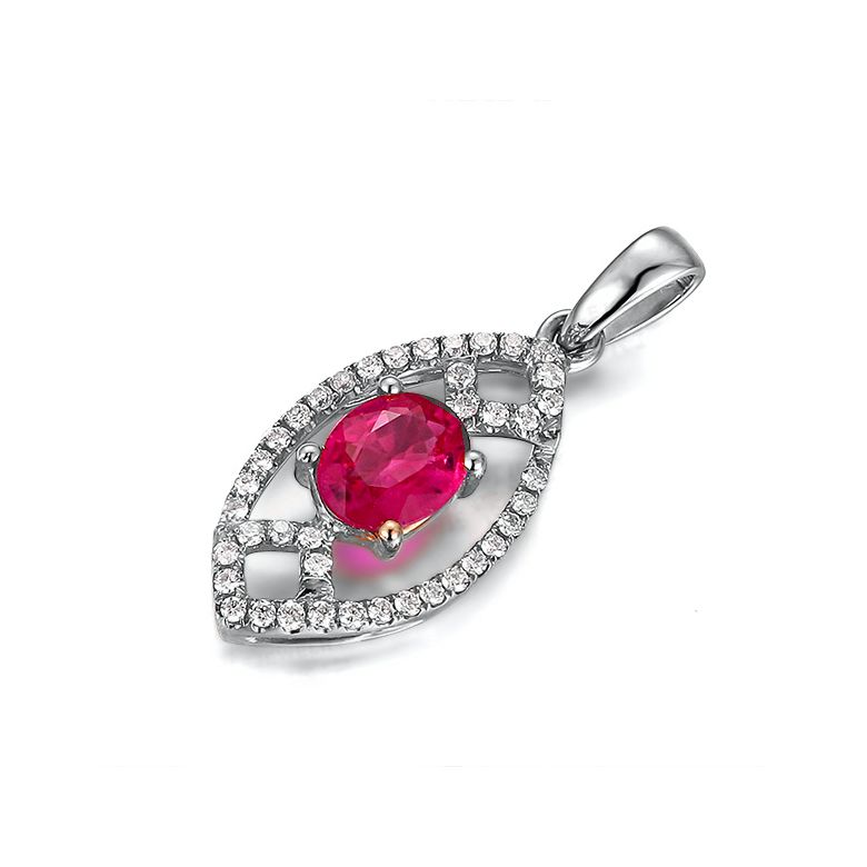Pendentif ovalesque rubis or blanc. Sertissage diamants  - 2