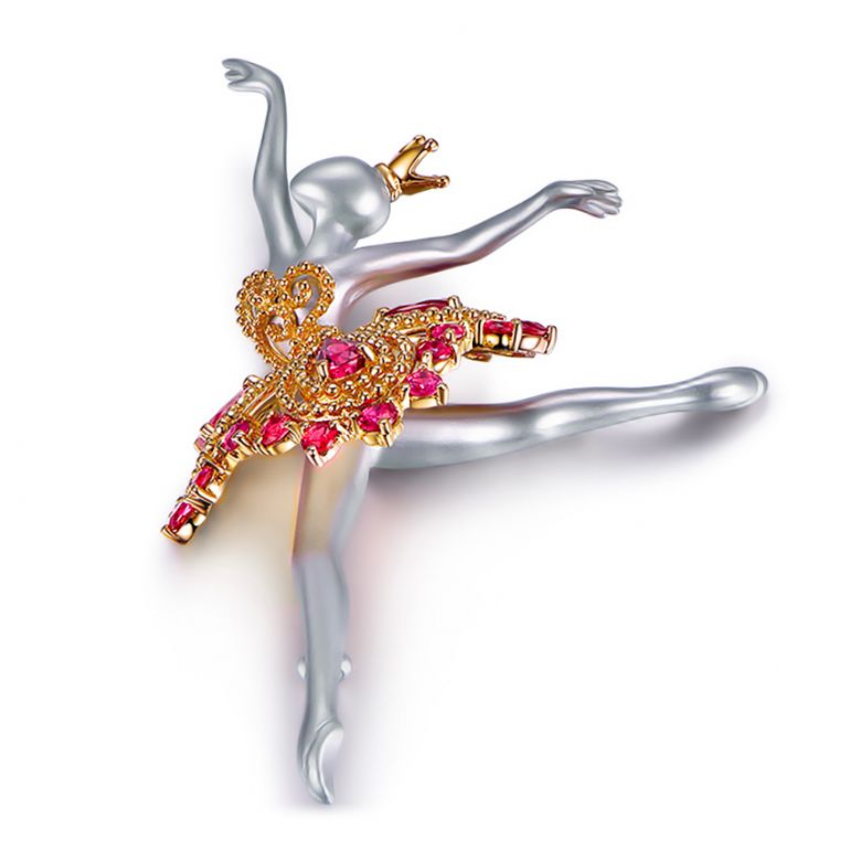 Pendentif Princesse Ballerina - Broche Or blanc et jaune - Rubis - 3