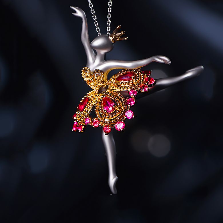 Pendentif Princesse Ballerina - Broche Or blanc et jaune - Rubis - 4
