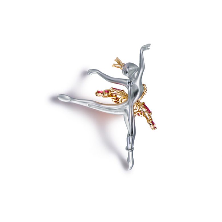 Pendentif Princesse Ballerina - Broche Or blanc et jaune - Rubis - 8
