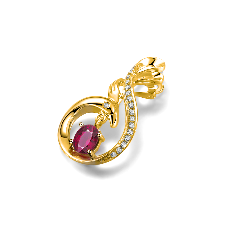 Pendentif cygne or jaune - Rubis et diamants en pendeloque - 1