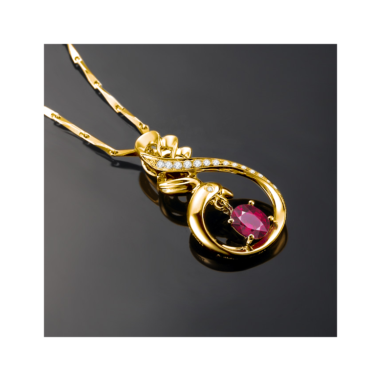 Pendentif cygne or jaune - Rubis et diamants en pendeloque - 2