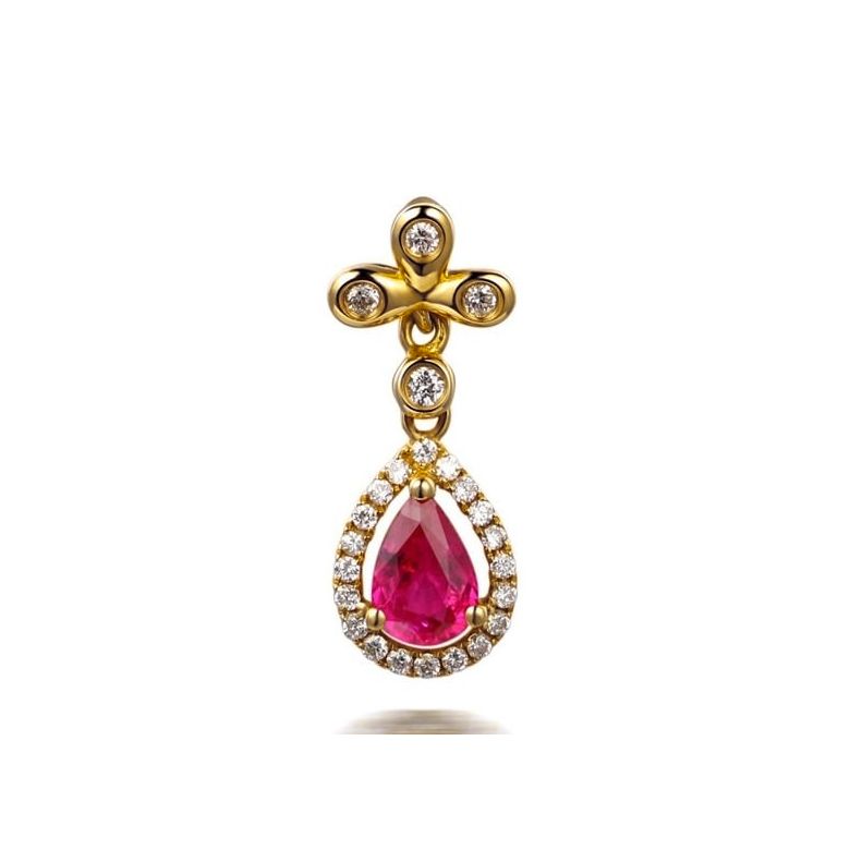 Pendentif croix latine or jaune - Rubis et diamants en pendeloque - 1