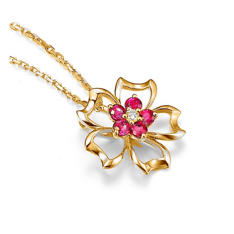 Pendentif fleur 5 feuilles - Or jaune 18 carats - Rubis 0.30 ct - 3
