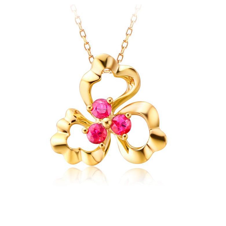Pendentif fleur à 3 Pétales. Or jaune 18 carats. Rubis - 1