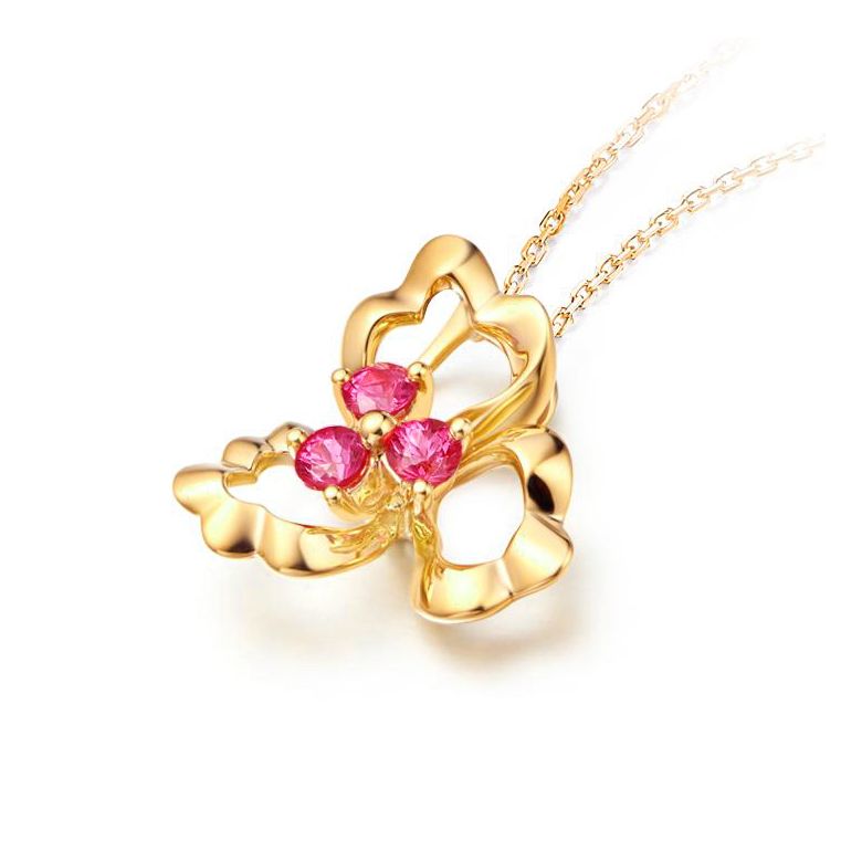 Pendentif fleur à 3 Pétales. Or jaune 18 carats. Rubis - 2