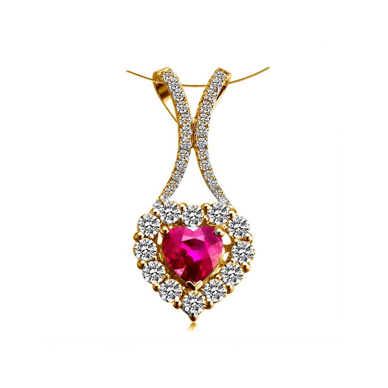 Pendentif coeur or jaune - Rubis et diamants en pendeloque - 1