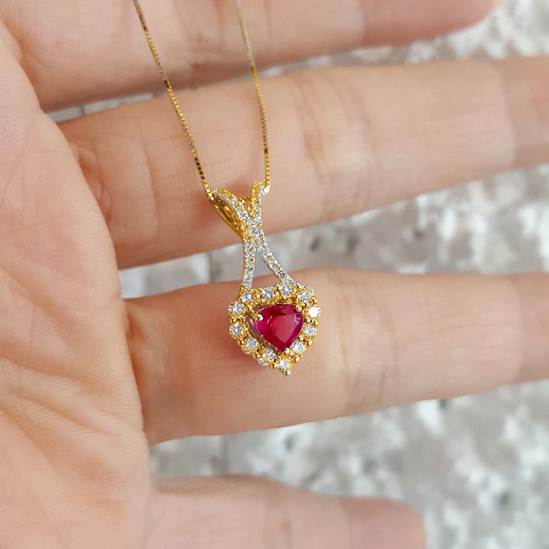 Pendentif coeur or jaune - Rubis et diamants en pendeloque - 3