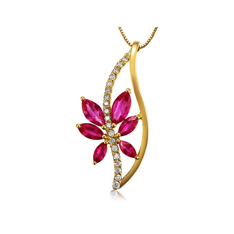 Fleur grimpante  - Pendentif rubis fleur grimpante - Or jaune 18cts - Tige diamantée - 1