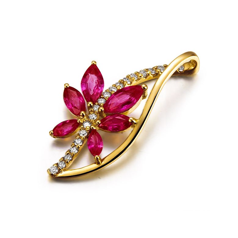 Fleur grimpante  - Pendentif rubis fleur grimpante - Or jaune 18cts - Tige diamantée - 2