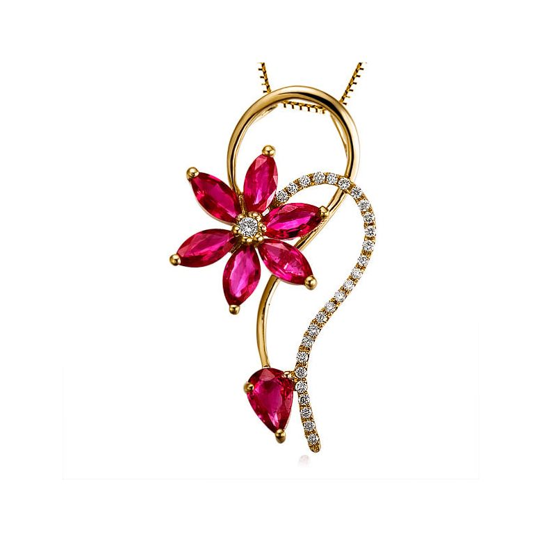 Pendentif Fleur en or jaune - Rubis et diamants sertis - 1
