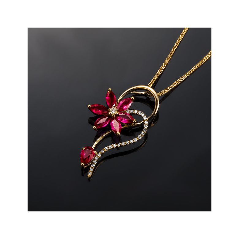 Pendentif Fleur en or jaune - Rubis et diamants sertis - 3