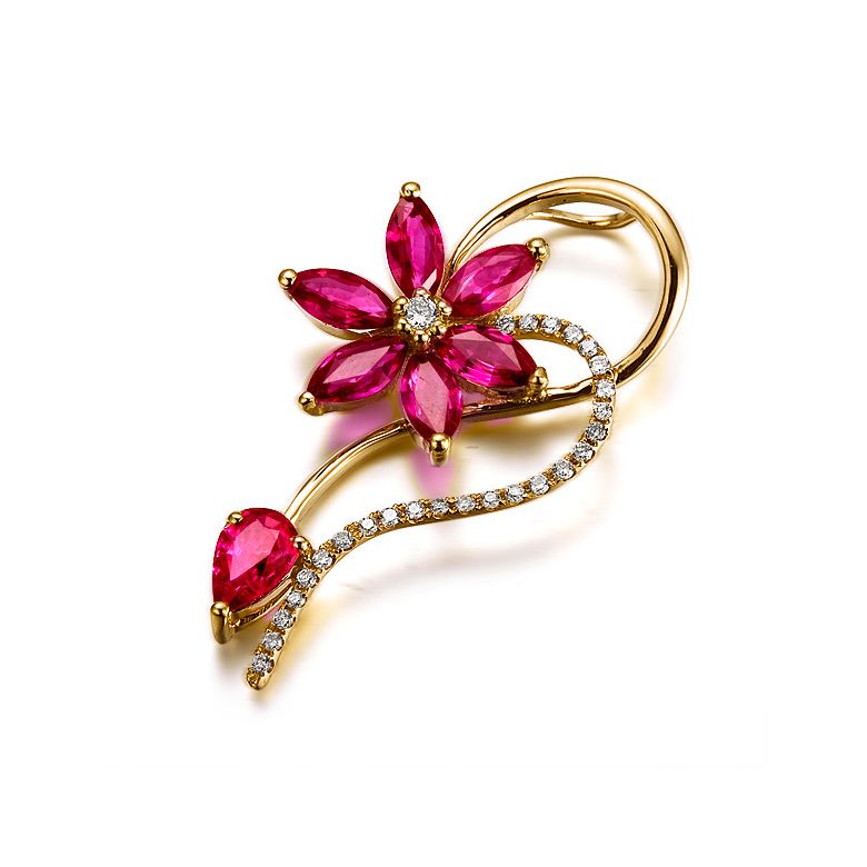 Pendentif Fleur en or jaune - Rubis et diamants sertis - 4