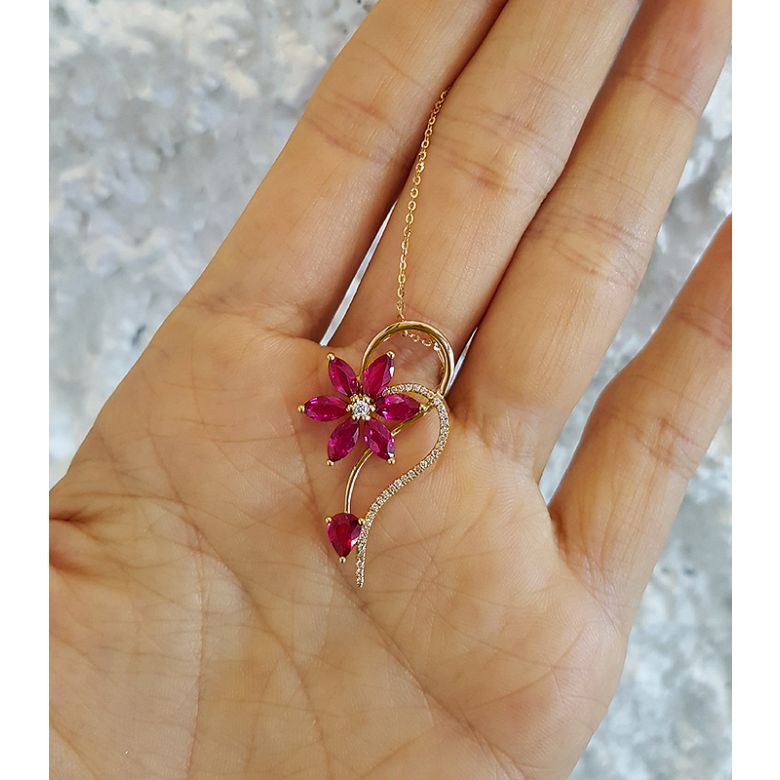 Pendentif Fleur en or jaune - Rubis et diamants sertis - 6