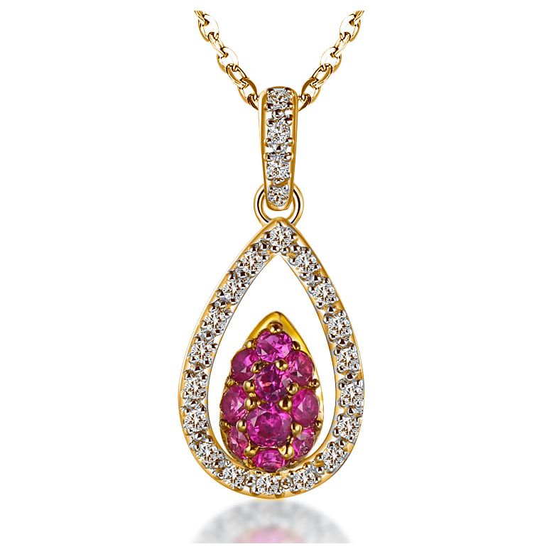 Pendentif pétale or jaune - 2 pétales superposées - Rubis et diamants en pendeloque - 1
