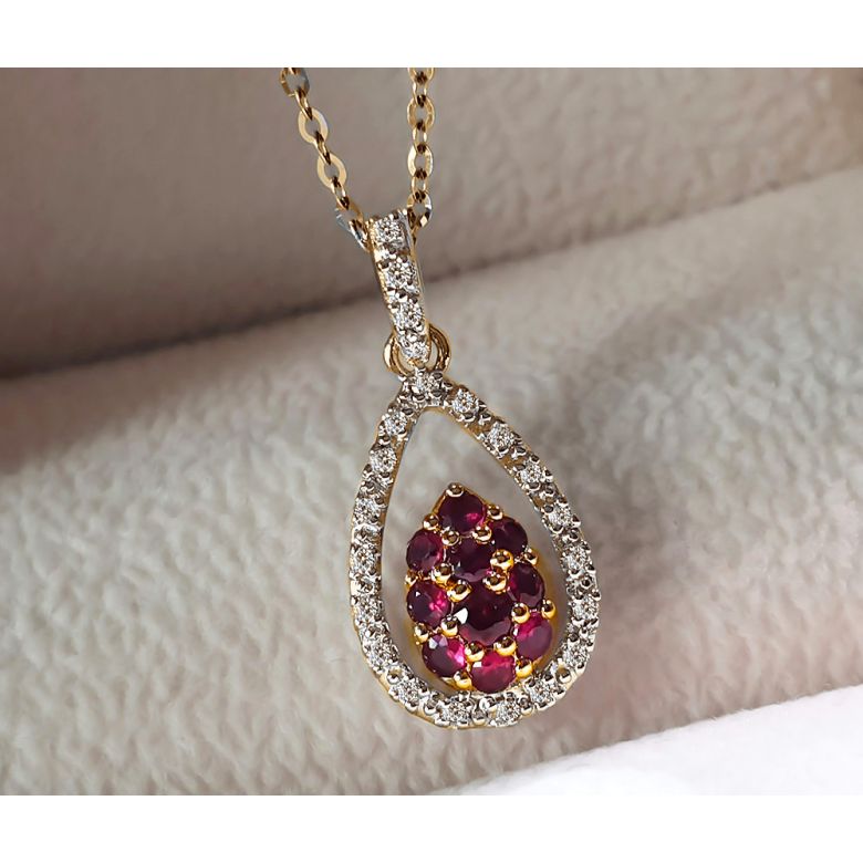 Pendentif pétale or jaune - 2 pétales superposées - Rubis et diamants en pendeloque - 3