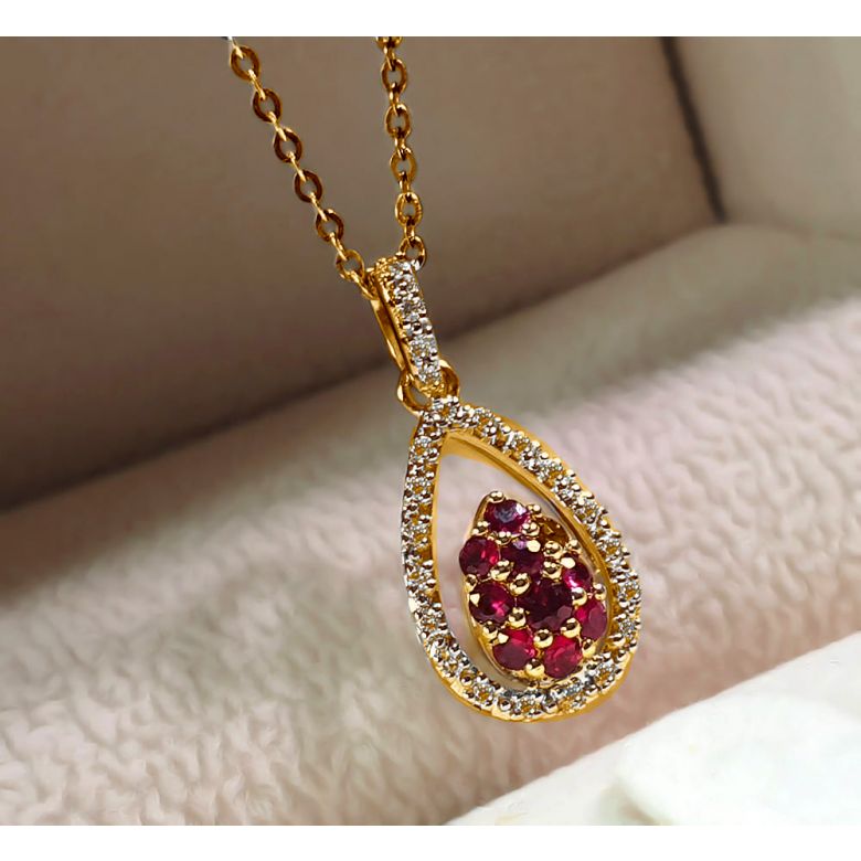 Pendentif pétale or jaune - 2 pétales superposées - Rubis et diamants en pendeloque - 5